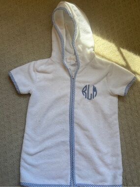 Kids White Hooded Swim Coverup with Blue Trim